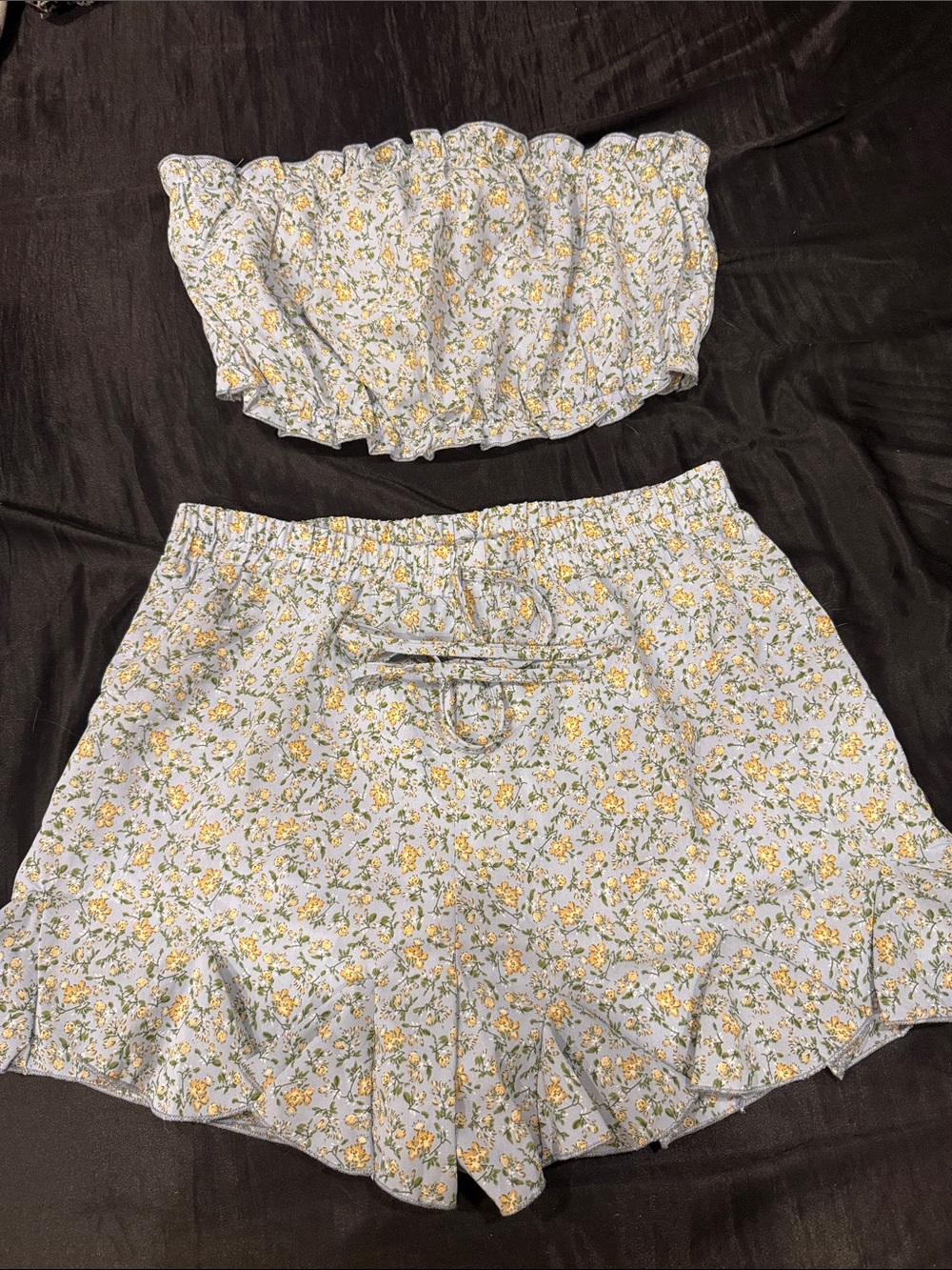 Floral Light Blue Smocked Tube Top and Shorts Set